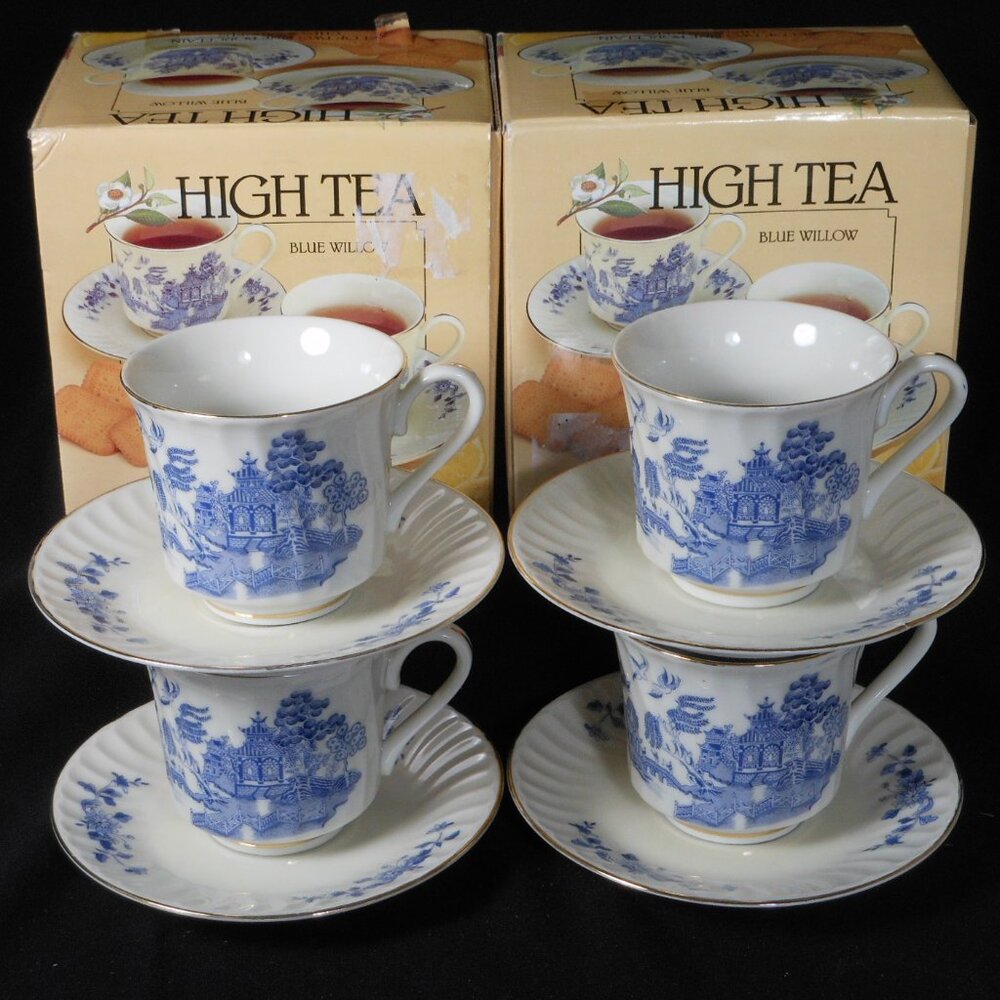 4 sets of new tea cups & saucers. Robinson Design Japan High Tea Blue Willow